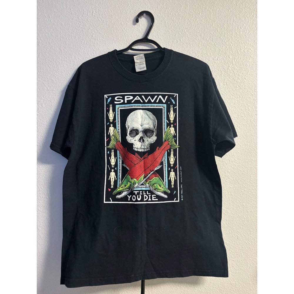 Ray Troll Spawn Tillâ You Die Skull Salmon T-Shirt Mens Large Black Gildan 2002